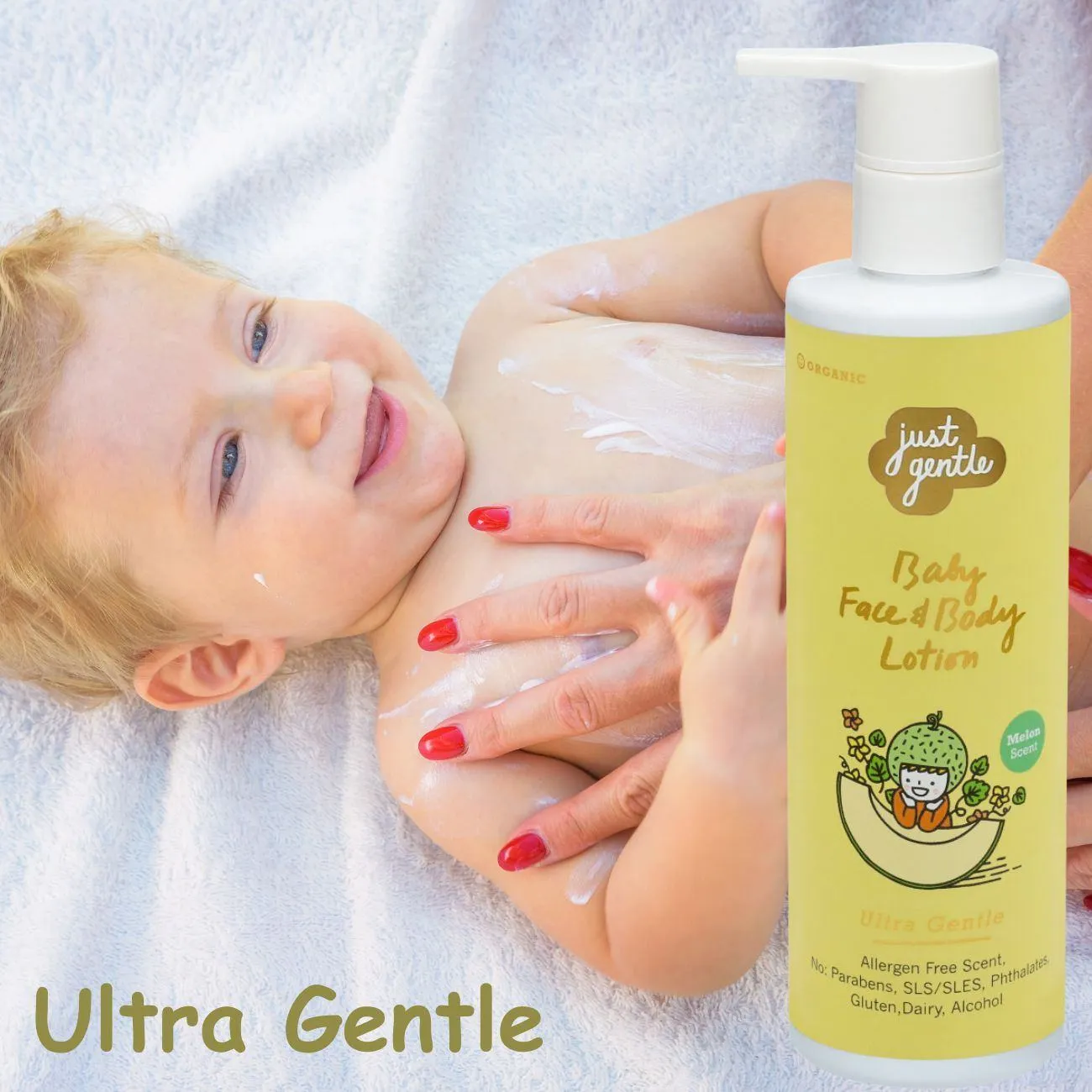 Just Gentle Organic Baby Moisturizing Lotion - Melon Scent, Hypoallergenic, Natural Ingredients - 200ml
