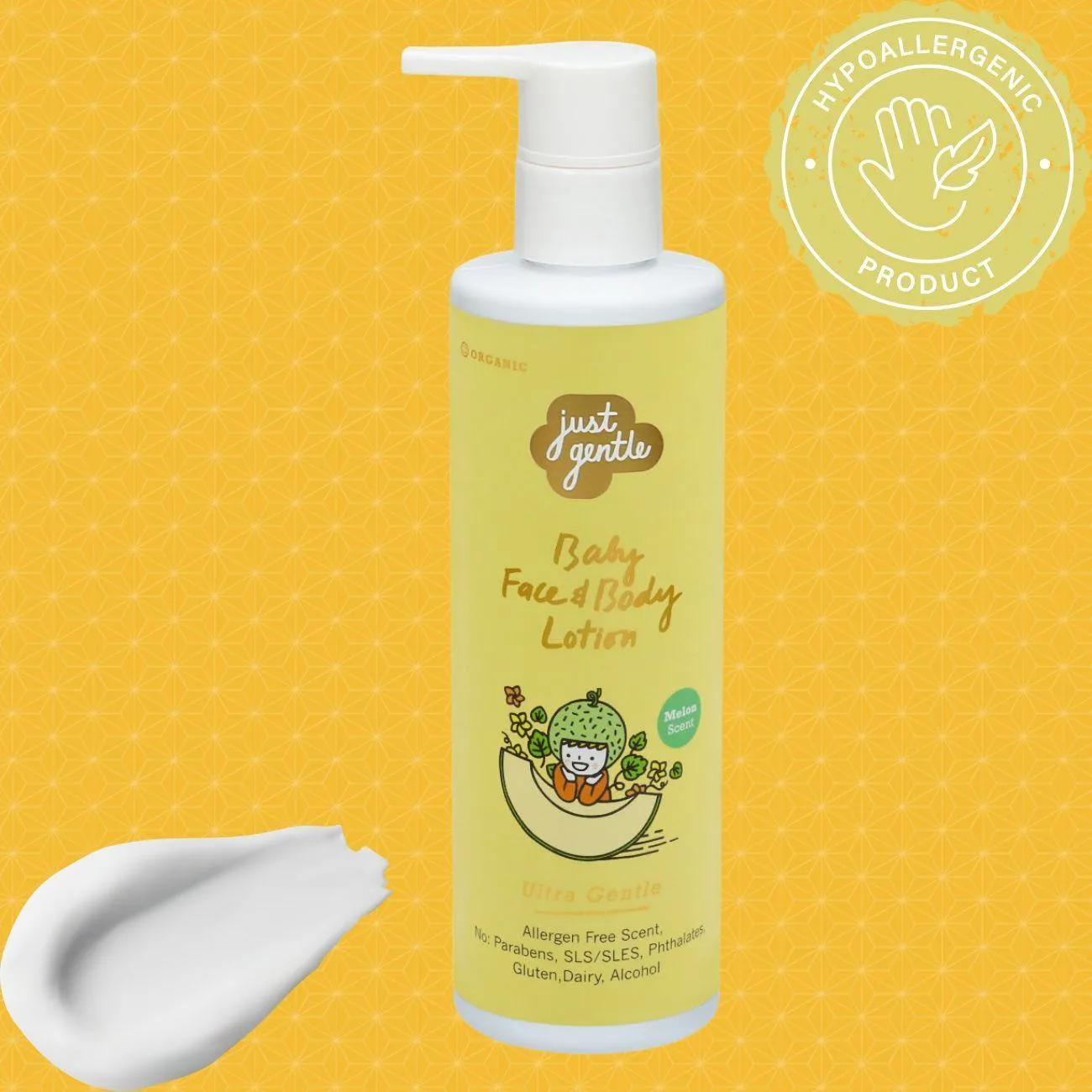 Just Gentle Organic Baby Moisturizing Lotion - Melon Scent, Hypoallergenic, Natural Ingredients - 200ml