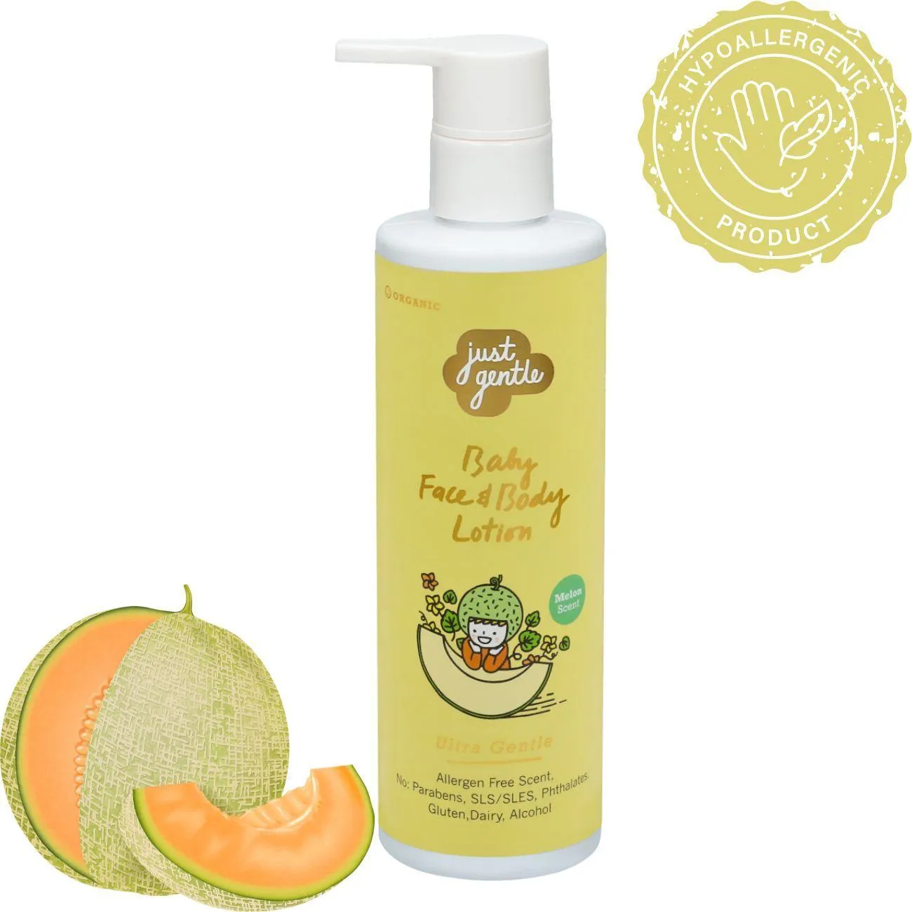 Just Gentle Organic Baby Moisturizing Lotion - Melon Scent, Hypoallergenic, Natural Ingredients - 200ml
