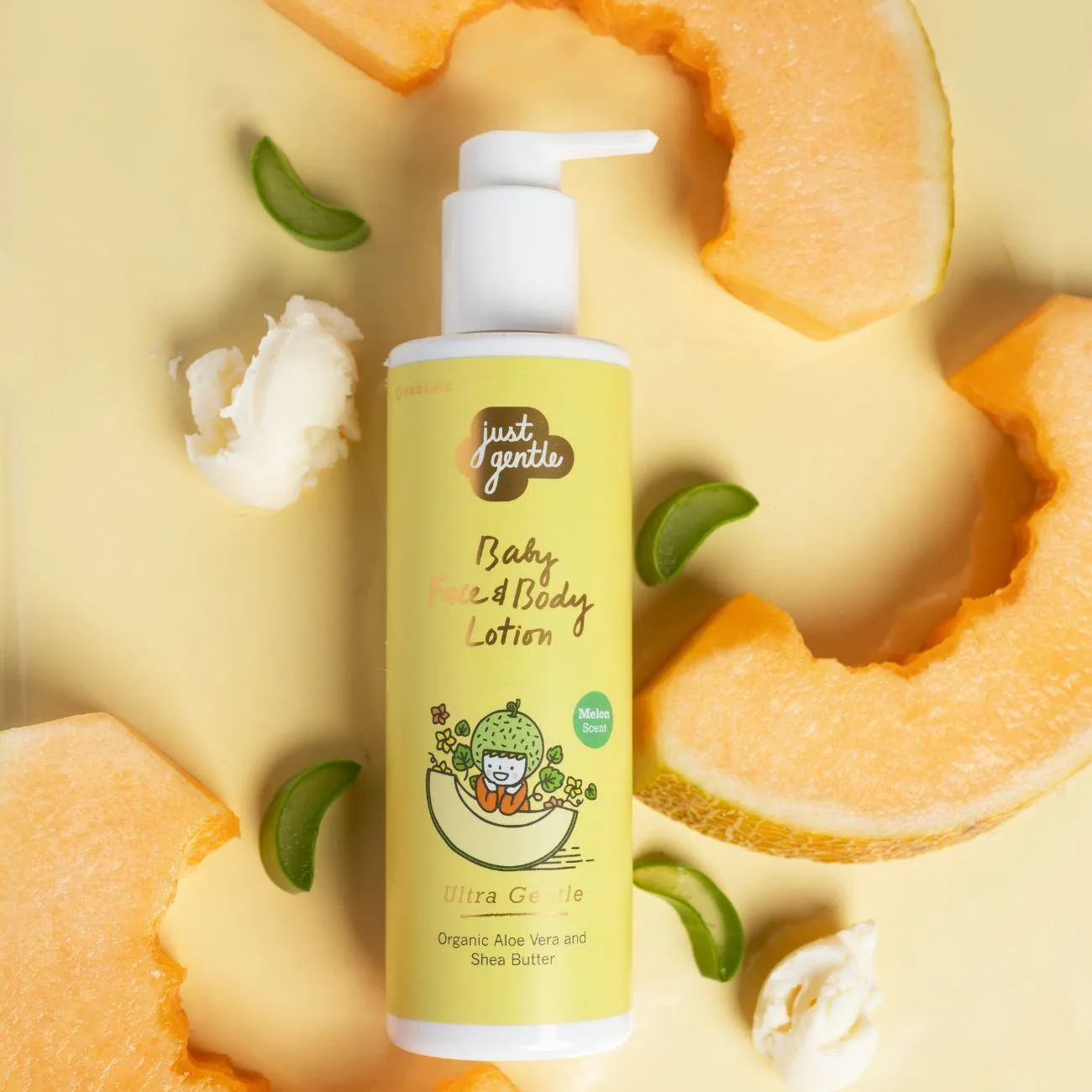 Just Gentle Organic Baby Moisturizing Lotion - Melon Scent, Hypoallergenic, Natural Ingredients - 200ml
