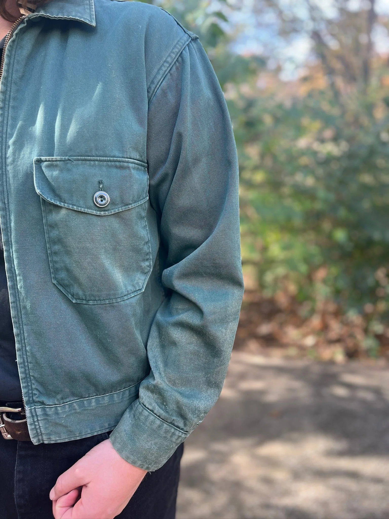Men's Vintage Thrashed Green Uniform Jacket, Plaid Lining