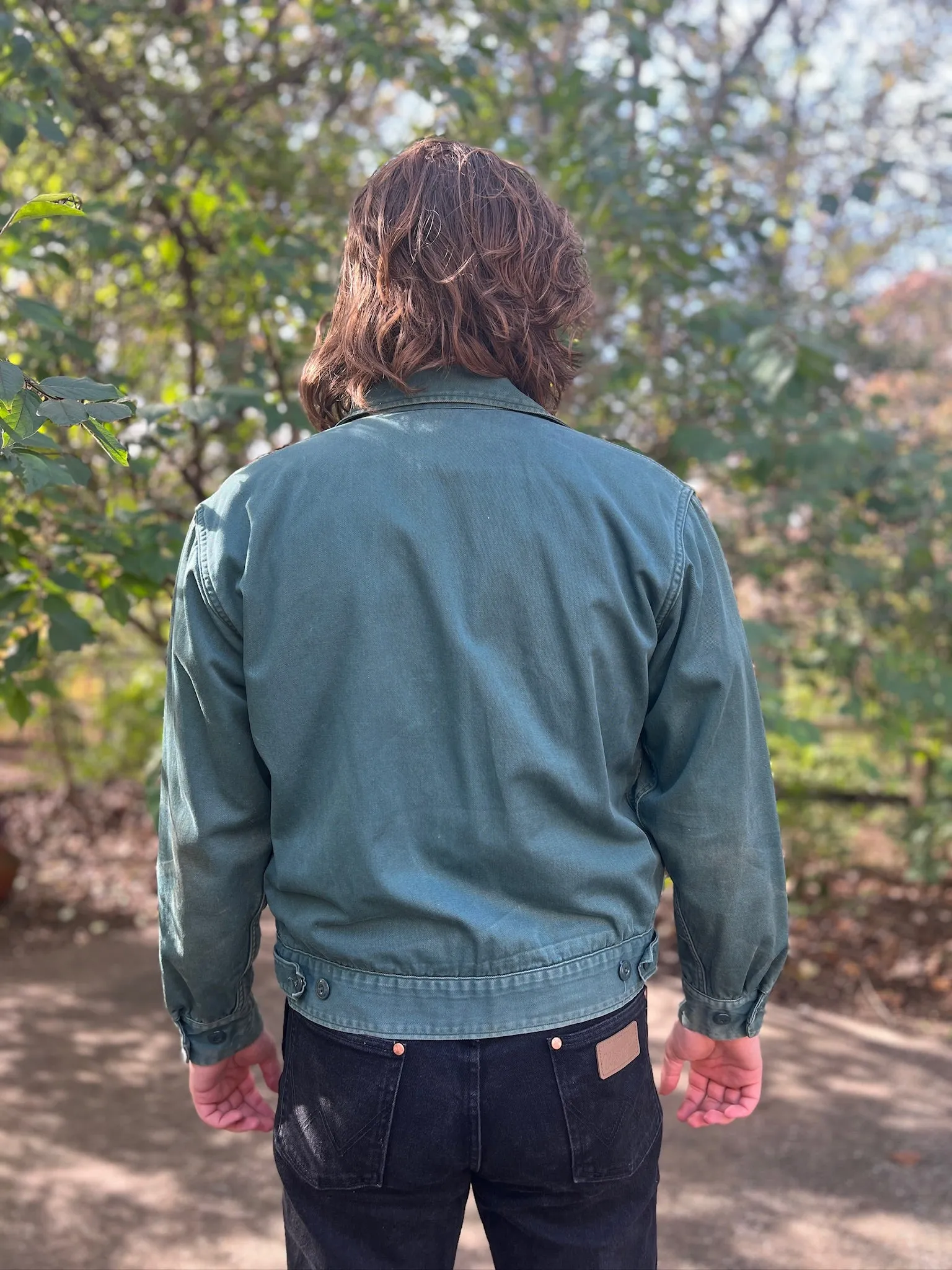 Men's Vintage Thrashed Green Uniform Jacket, Plaid Lining