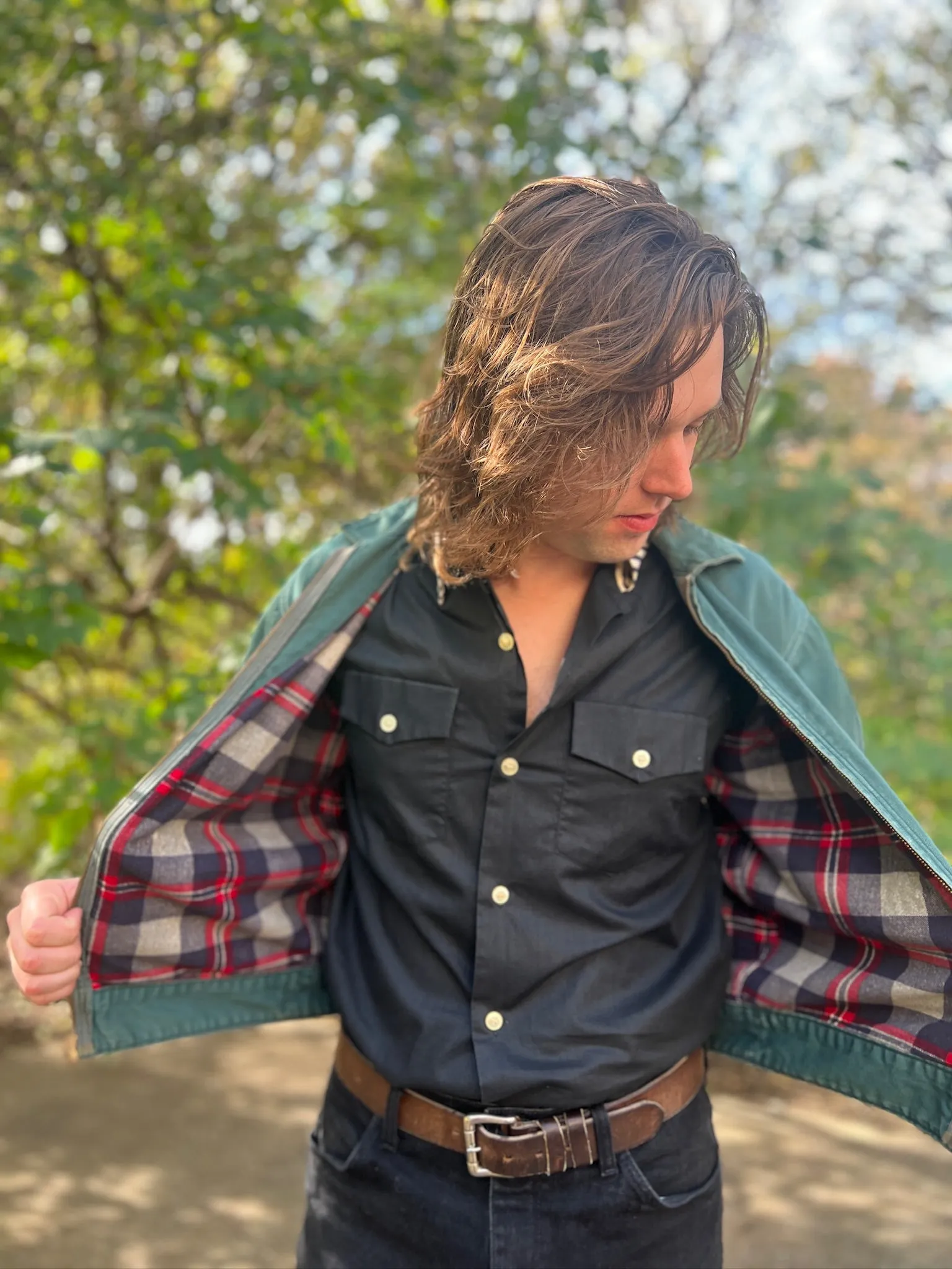 Men's Vintage Thrashed Green Uniform Jacket, Plaid Lining