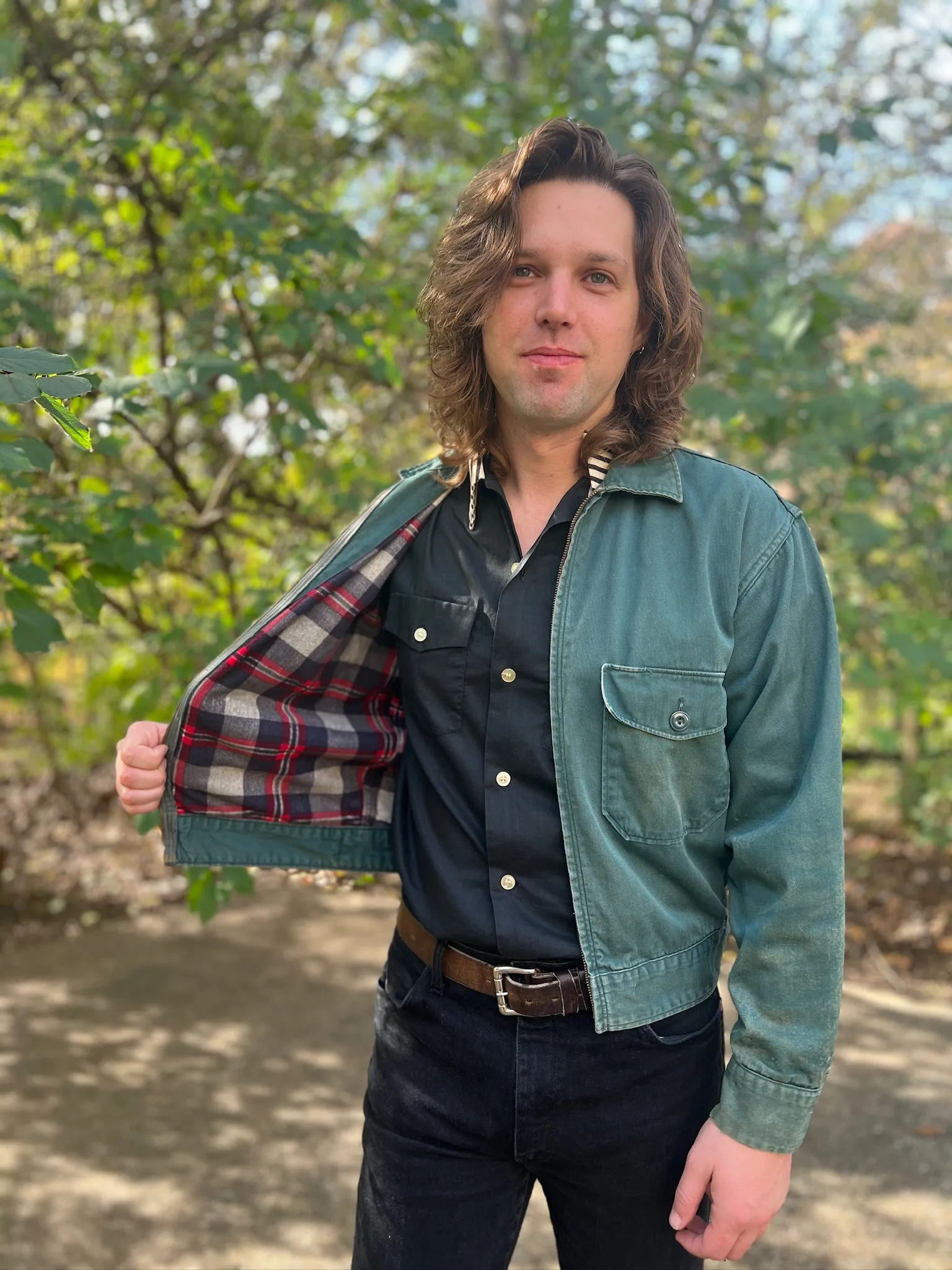 Men's Vintage Thrashed Green Uniform Jacket, Plaid Lining