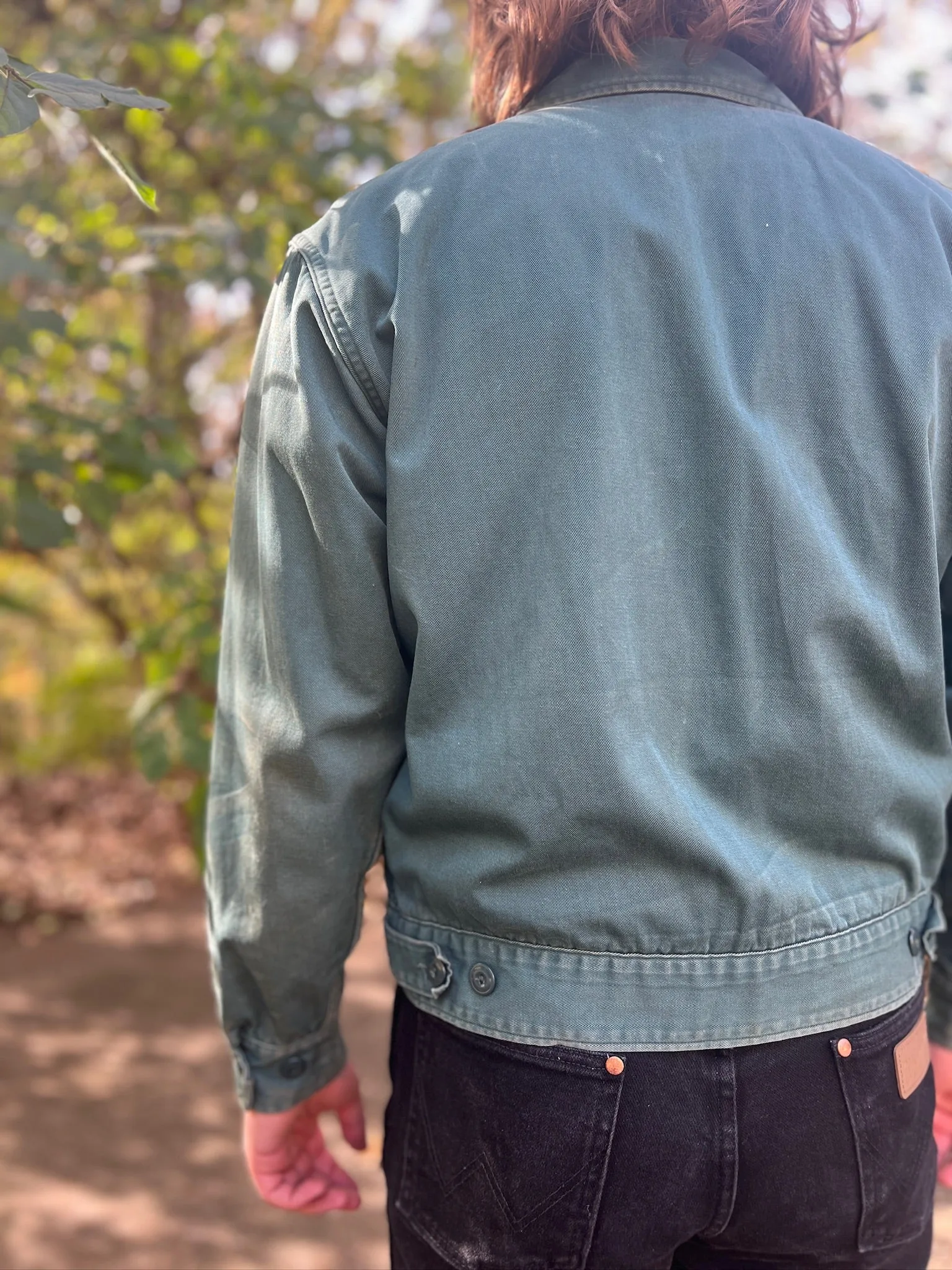 Men's Vintage Thrashed Green Uniform Jacket, Plaid Lining