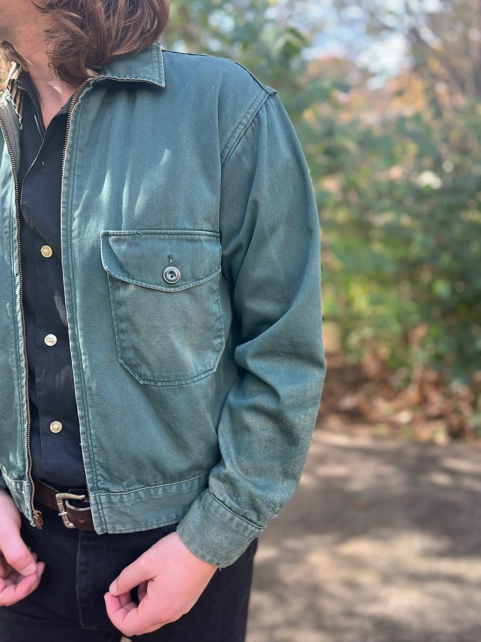 Men's Vintage Thrashed Green Uniform Jacket, Plaid Lining