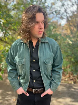 Men's Vintage Thrashed Green Uniform Jacket, Plaid Lining